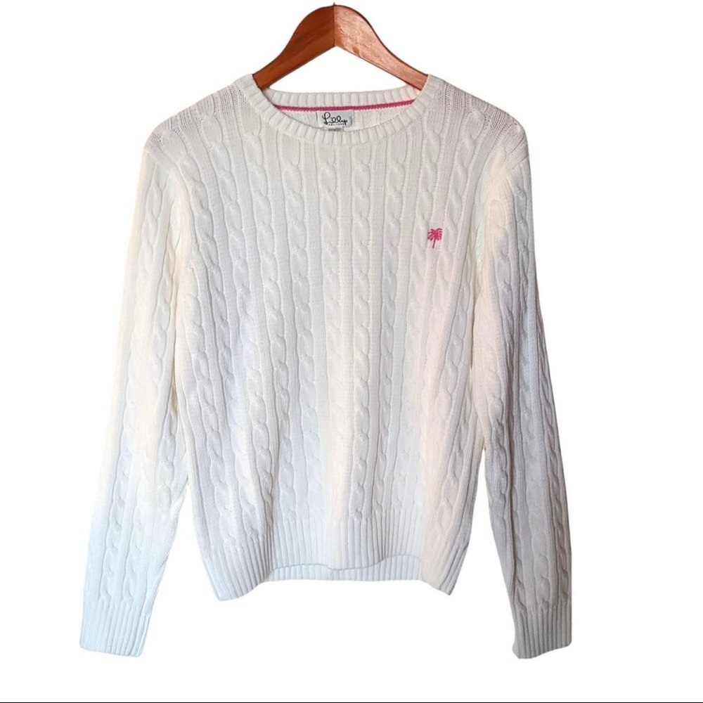 Lilly Pulitzer White Cable Knit Cotton Sweater L Large Embroidery Palm